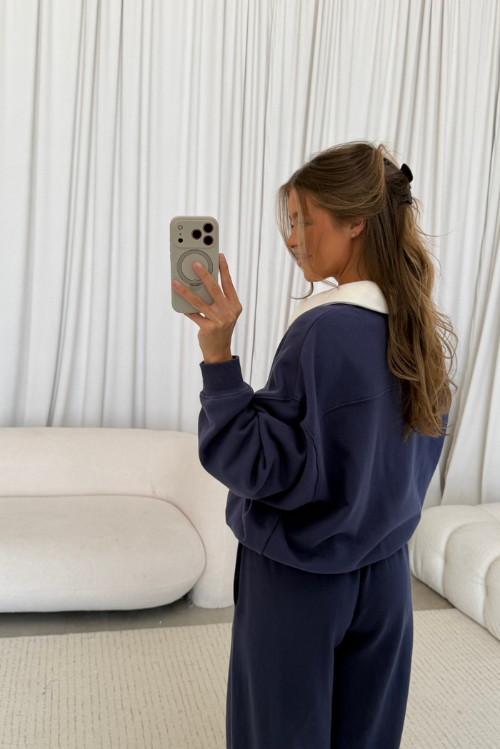 Caroline 100% Cotton Terry Collared Pullover in Crown Blue