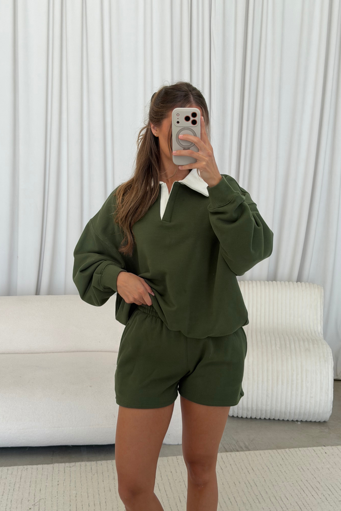 Caroline 100% Cotton Terry Collared Pullover in Olive Green