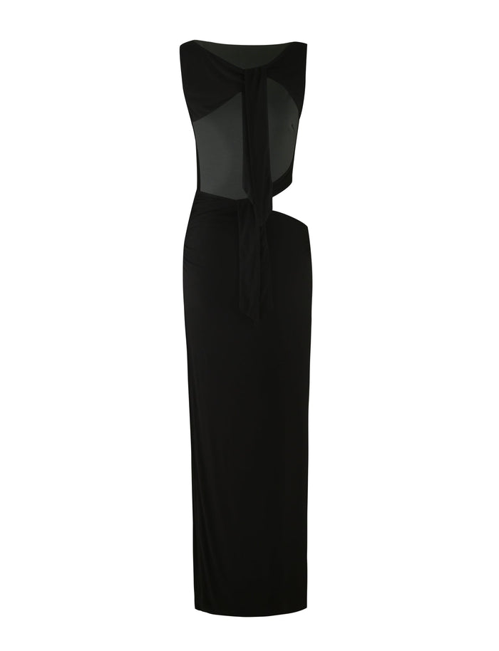 Introducing the CASPIAN DRESS - BLACK by TIGERMIST: a stunning black, strapless bodycon dress featuring a unique cutout design on the bodice with an asymmetrical sash detail. This form-fitting, maxi-length dress exudes a sleek and elegant appearance perfect for any occasion.