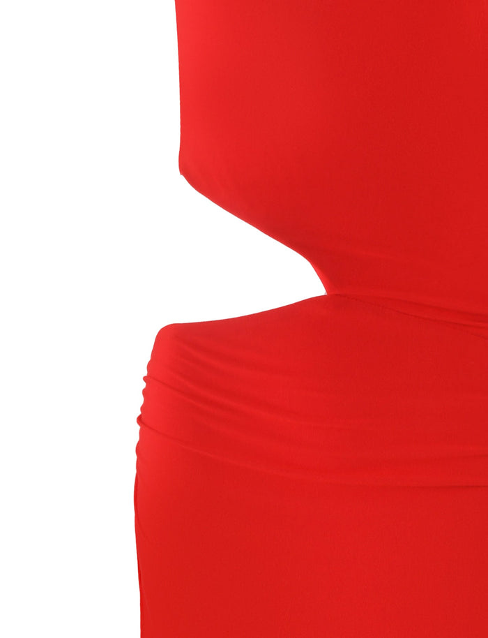 Close-up of a vibrant red fabric, highlighting its smooth, slightly ruched texture. The image emphasizes clean lines and the drape of the material, capturing the essence of what appears to be the CASPIAN DRESS - RED from TIGERMIST in a sleeveless, bodycon silhouette. There are no additional details or background visible.