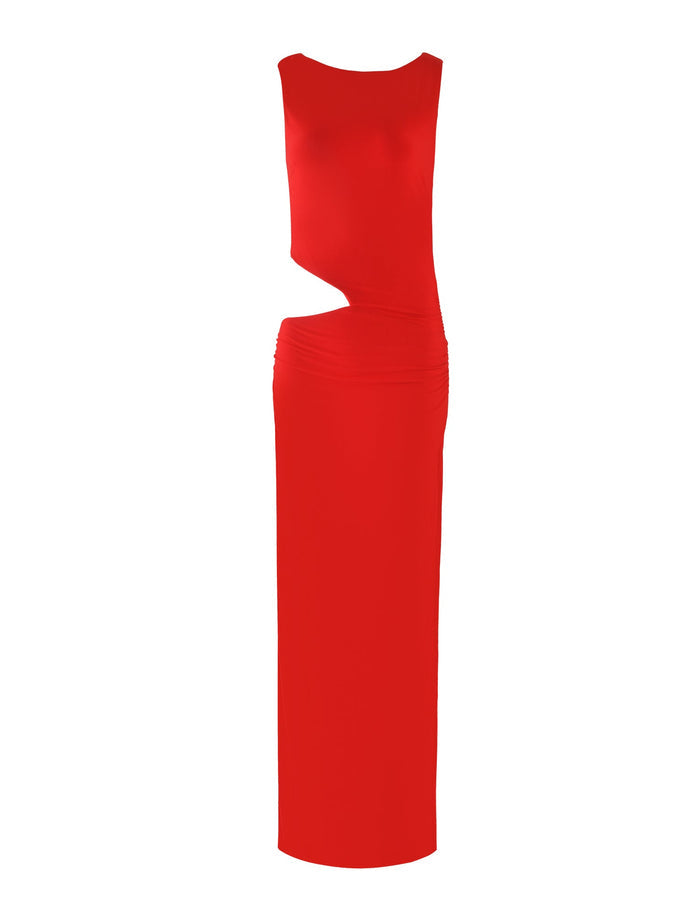 The CASPIAN DRESS - RED by TIGERMIST is a vibrant, sleeveless evening gown with a bodycon silhouette. It features an asymmetric cutout at the waist and a high split along the long, straight hemline that extends to the floor.