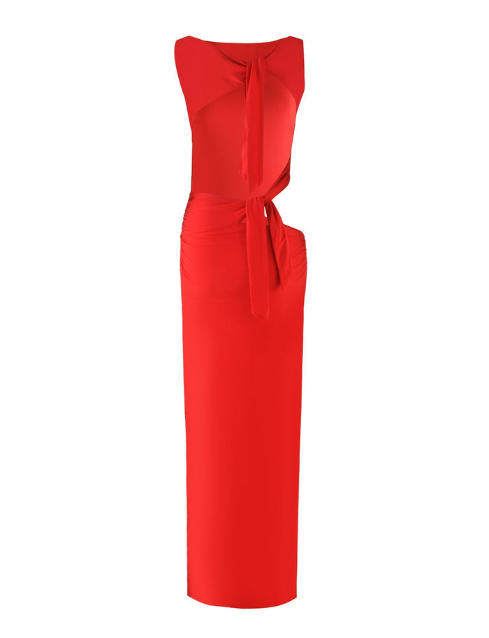 The CASPIAN DRESS - RED by TIGERMIST is a vibrant red sleeveless dress featuring a bodycon silhouette and a high split. It boasts a unique cut-out detail at the waist, complemented by a tie knot at the front. The skirt extends into a long, elegant hemline, and the material appears smooth and lightweight.