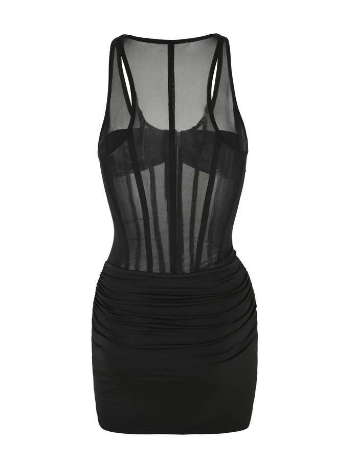 The CATERINA MINI DRESS - BLACK by TIGERMIST is a sleeveless mesh mini dress with thin straps, a fitted bodice, ruched sides, visible back seams, and a buttery slinky jersey lining for comfort.