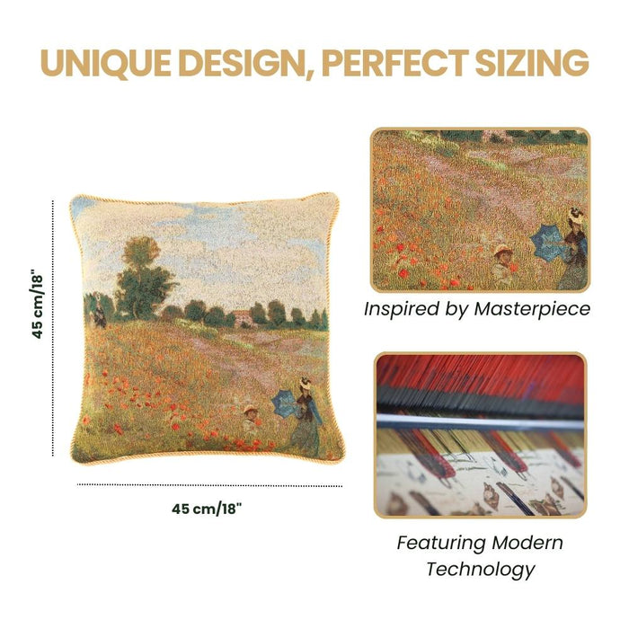CCOV-ART-MONET-1 | CLAUDE MONET POPPY FIELD Pillowcase/CUSHION COVER | DECORATIVE DESIGN FASHION HOME PILLOW 18X18 INCH