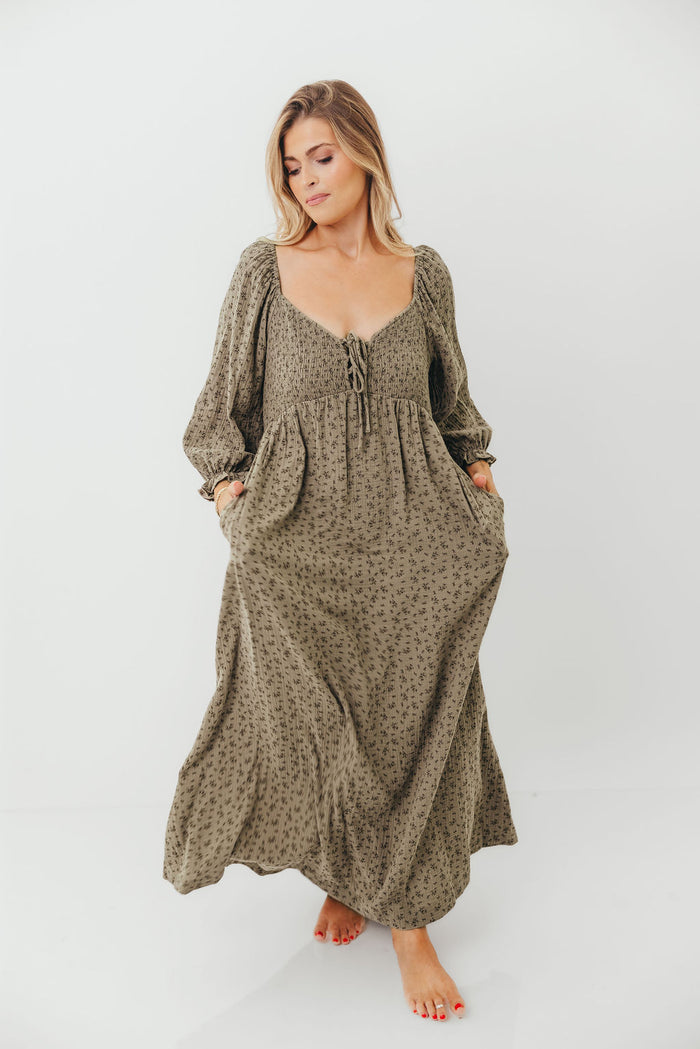 Cecilia 100% Cotton Maxi Dress in Olive Foliage -  Bump Friendly & Inclusive Sizing *8/28 PRE-ORDER*