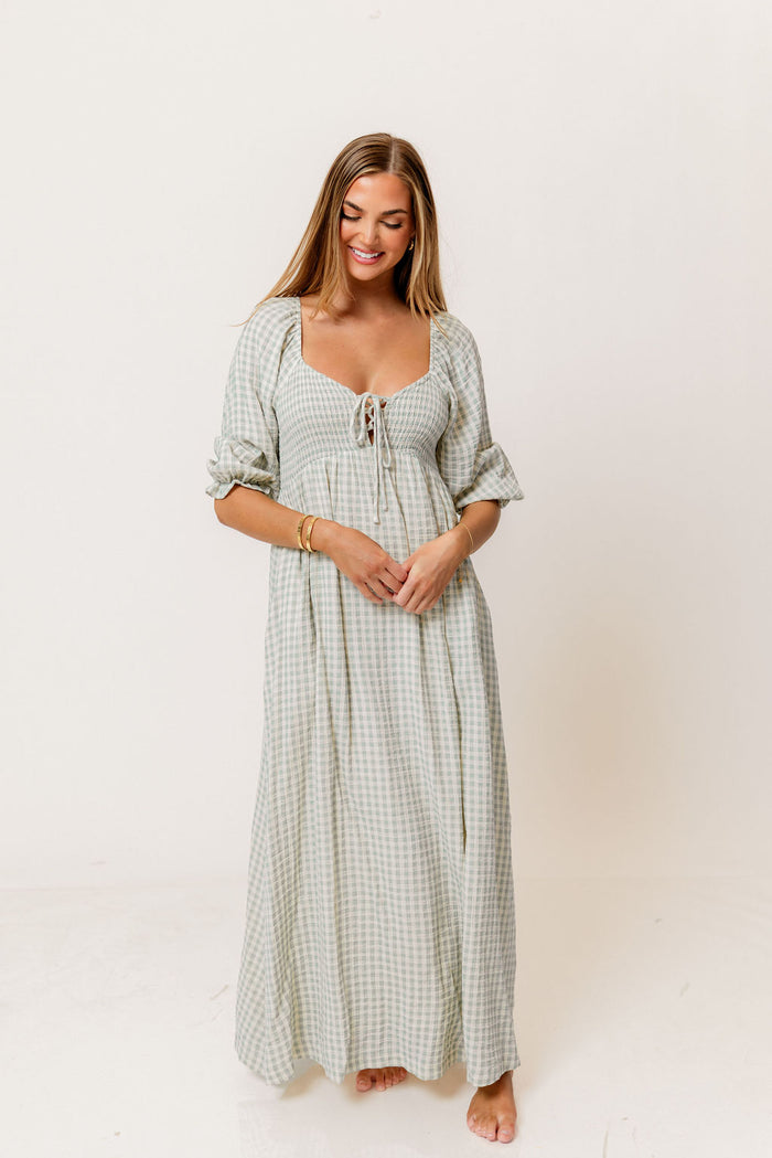 Cecilia 100% Cotton Smocked Maxi Dress in Aqua Plaid (Lined) - Bump Friendly