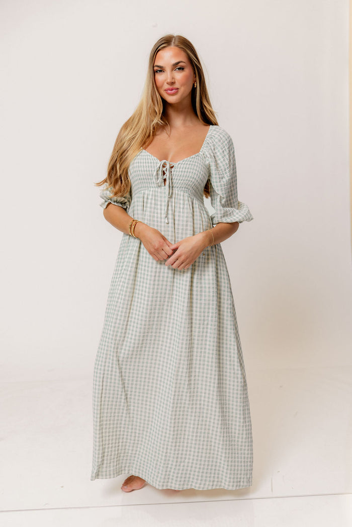 Cecilia 100% Cotton Smocked Maxi Dress in Aqua Plaid (Lined) - Bump Friendly