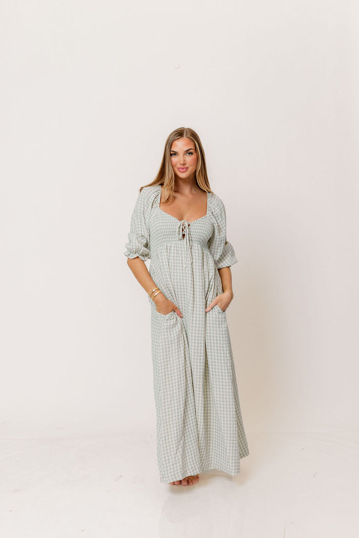 Cecilia 100% Cotton Smocked Maxi Dress in Aqua Plaid (Lined) - Bump Friendly