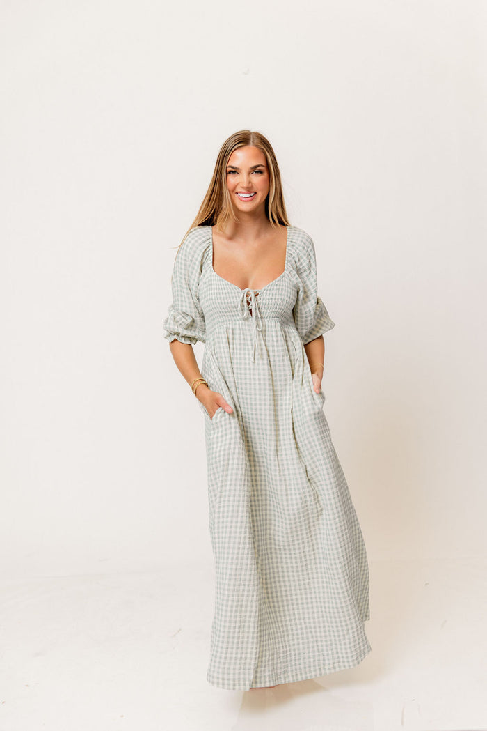 Cecilia 100% Cotton Smocked Maxi Dress in Aqua Plaid (Lined) - Bump Friendly