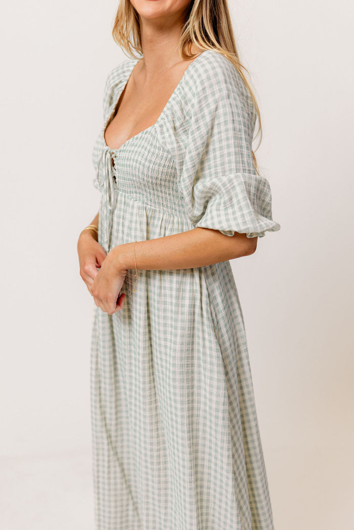 Cecilia 100% Cotton Smocked Maxi Dress in Aqua Plaid (Lined) - Bump Friendly