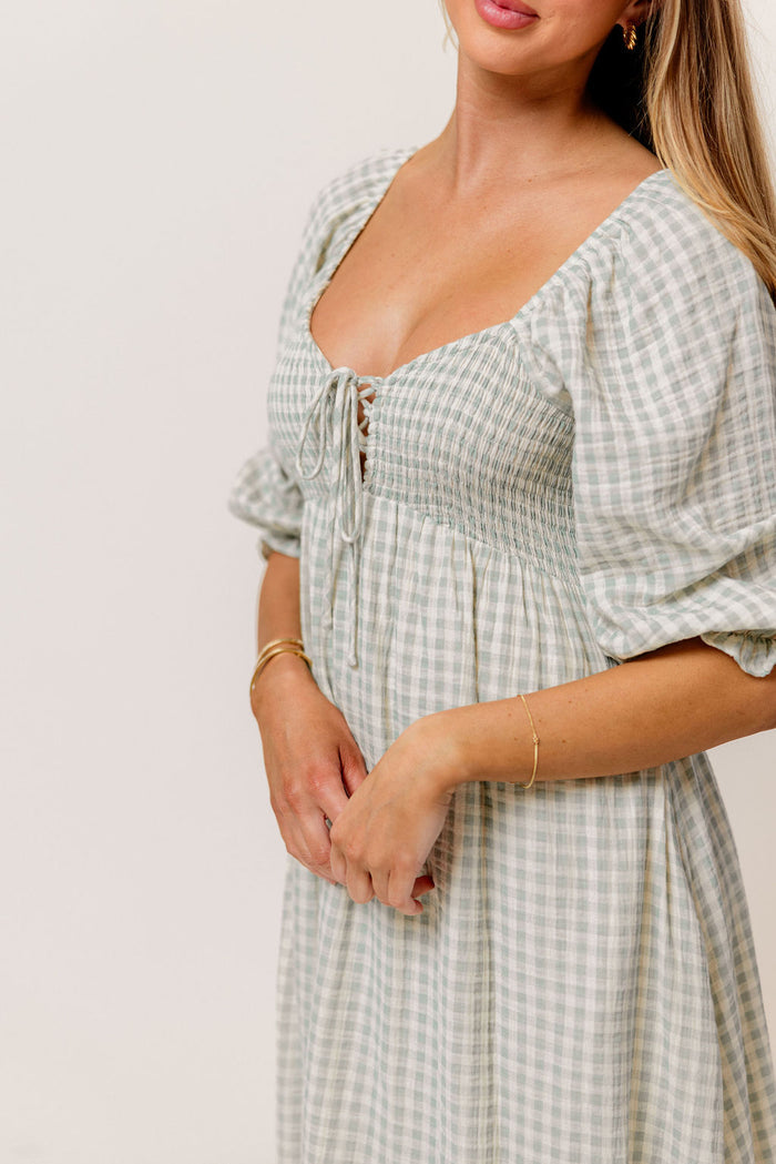 Cecilia 100% Cotton Smocked Maxi Dress in Aqua Plaid (Lined) - Bump Friendly