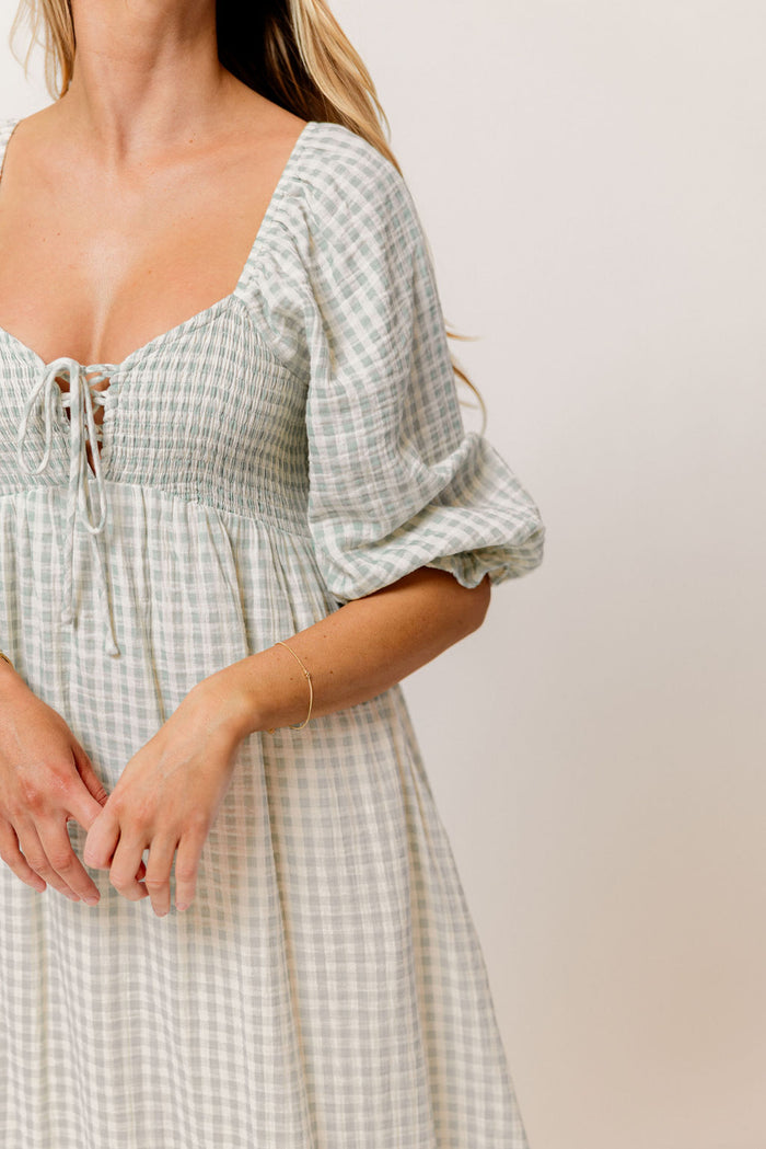 Cecilia 100% Cotton Smocked Maxi Dress in Aqua Plaid (Lined) - Bump Friendly