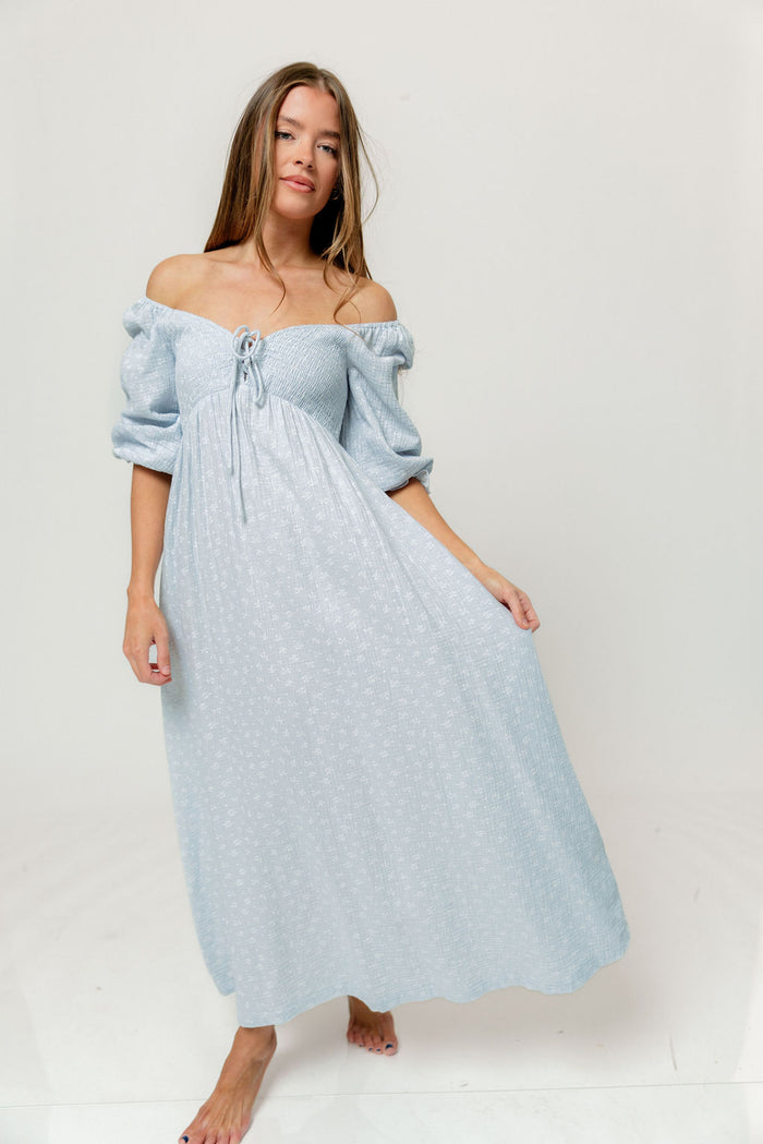 Cecilia 100% Cotton Smocked Maxi Dress in Baby Blue Foliage - Bump Friendly