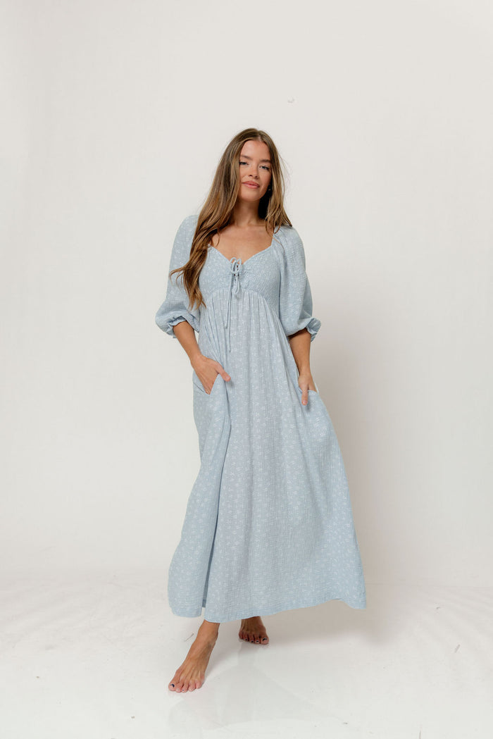 Cecilia 100% Cotton Smocked Maxi Dress in Baby Blue Foliage - Bump Friendly