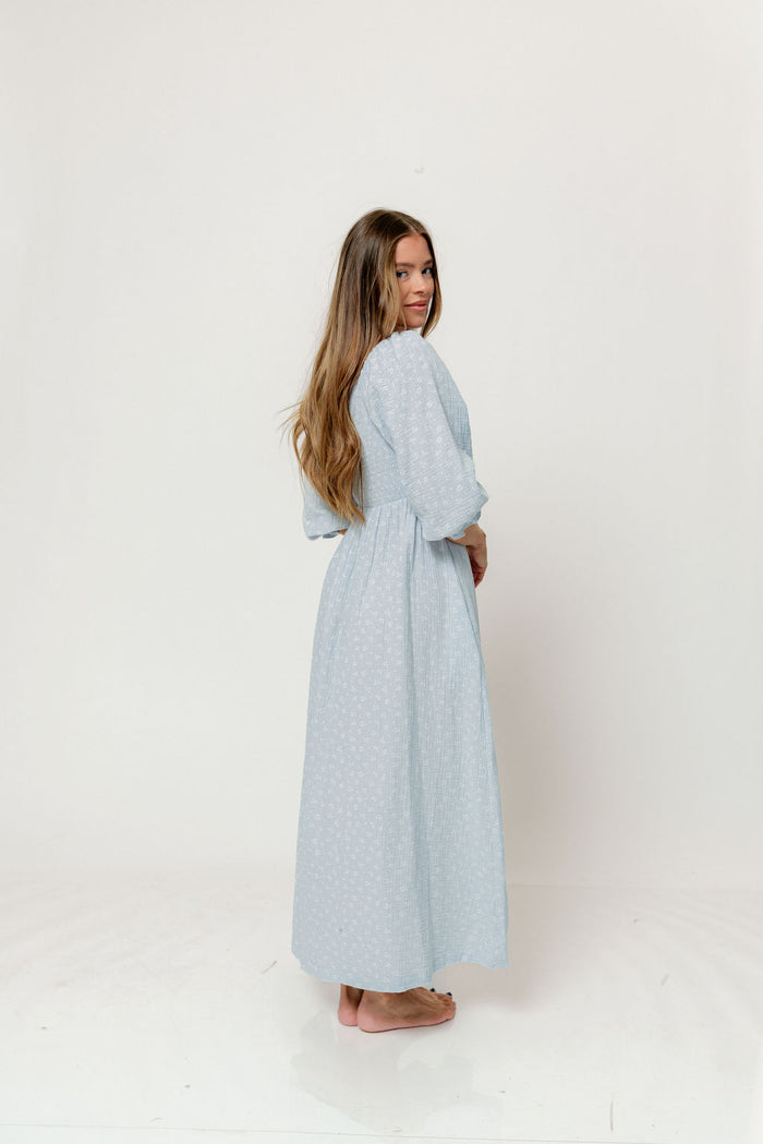 Cecilia 100% Cotton Smocked Maxi Dress in Baby Blue Foliage - Bump Friendly