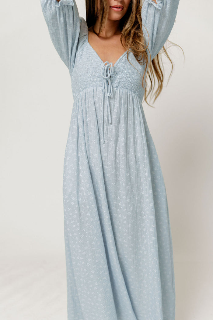 Cecilia 100% Cotton Smocked Maxi Dress in Baby Blue Foliage - Bump Friendly