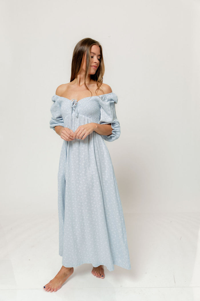 Cecilia 100% Cotton Smocked Maxi Dress in Baby Blue Foliage - Bump Friendly