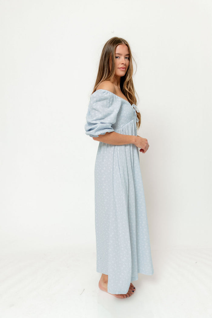 Cecilia 100% Cotton Smocked Maxi Dress in Baby Blue Foliage - Bump Friendly
