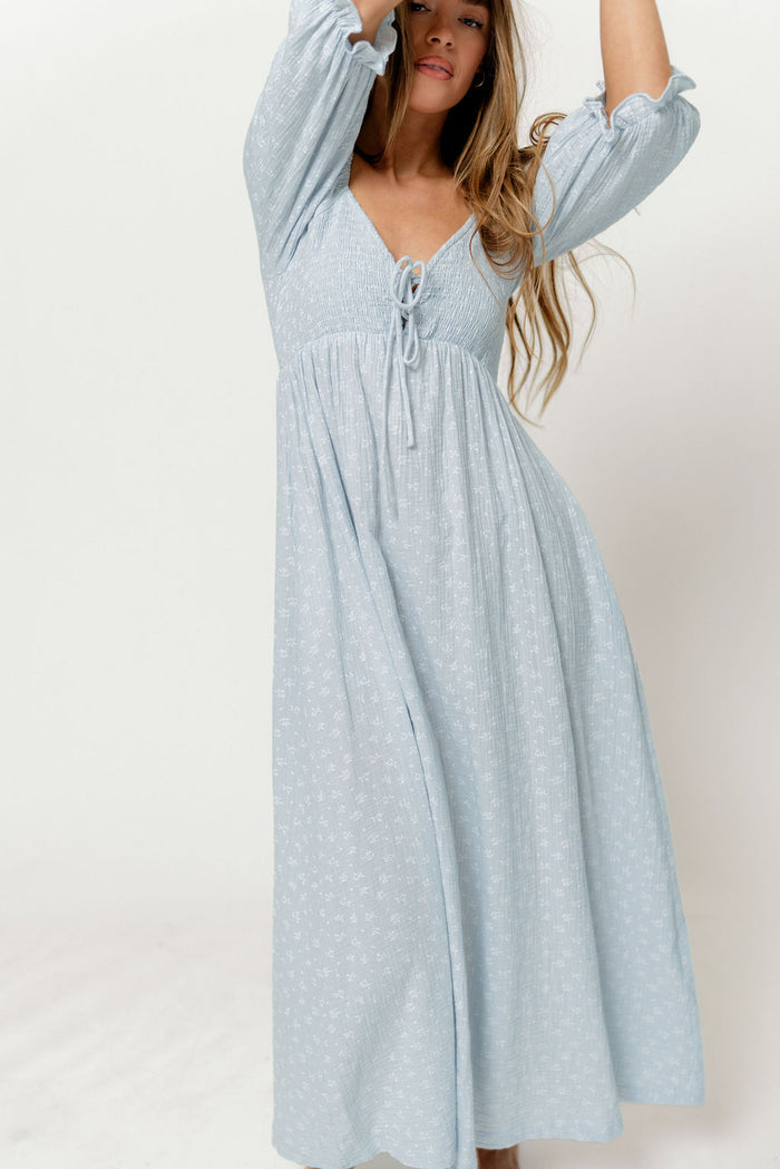Cecilia 100% Cotton Smocked Maxi Dress in Baby Blue Foliage - Bump Friendly