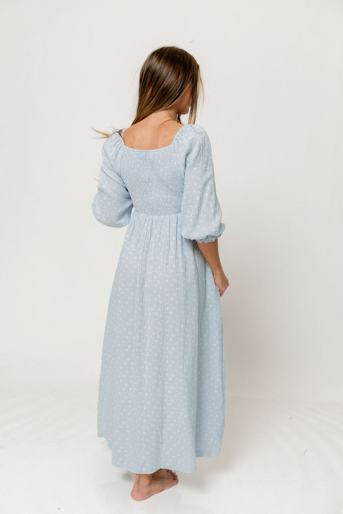 Cecilia 100% Cotton Smocked Maxi Dress in Baby Blue Foliage - Bump Friendly