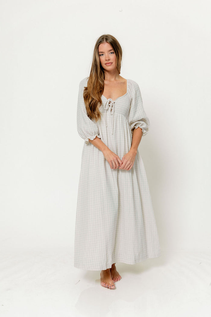 Cecilia 100% Cotton Smocked Maxi Dress in Baby Blue Plaid (Lined) - Bump Friendly