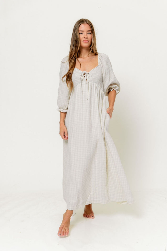 Cecilia 100% Cotton Smocked Maxi Dress in Baby Blue Plaid (Lined) - Bump Friendly