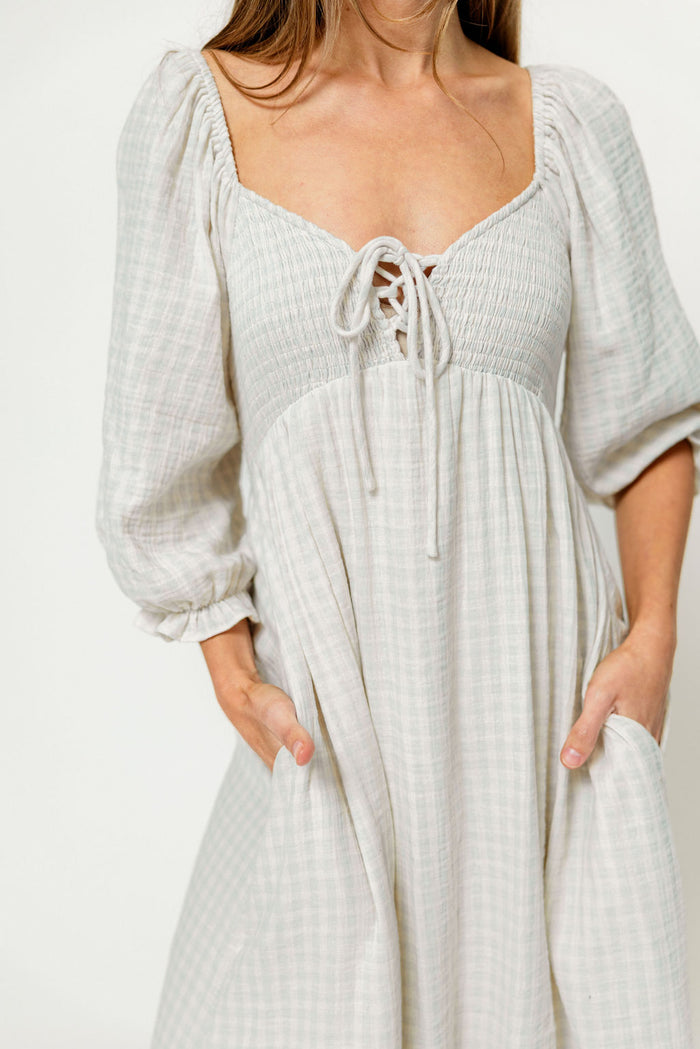 Cecilia 100% Cotton Smocked Maxi Dress in Baby Blue Plaid (Lined) - Bump Friendly