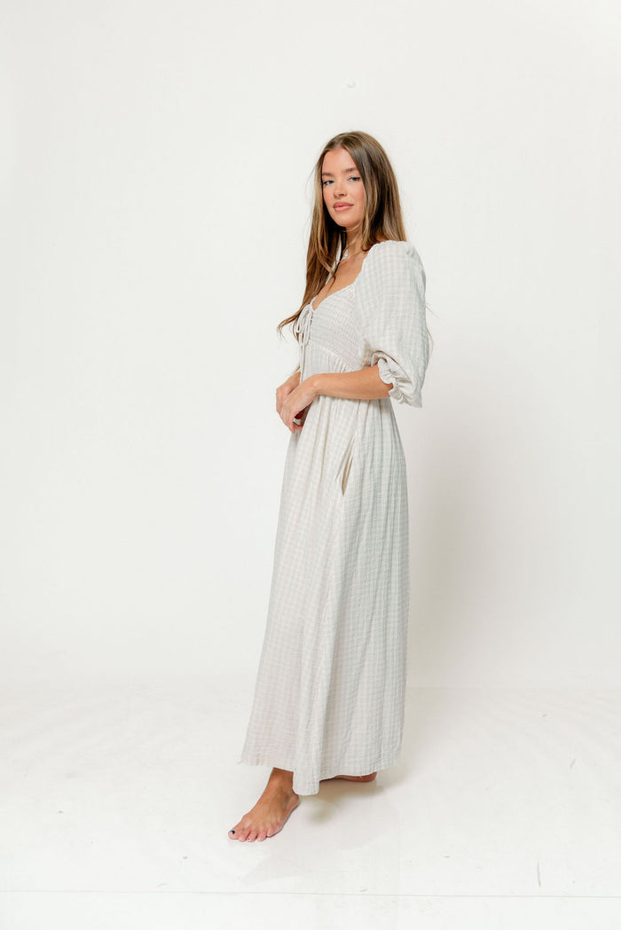 Cecilia 100% Cotton Smocked Maxi Dress in Baby Blue Plaid (Lined) - Bump Friendly