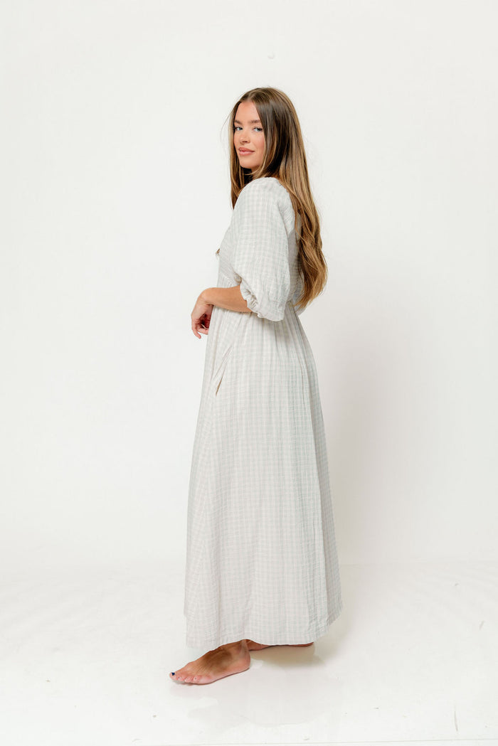 Cecilia 100% Cotton Smocked Maxi Dress in Baby Blue Plaid (Lined) - Bump Friendly