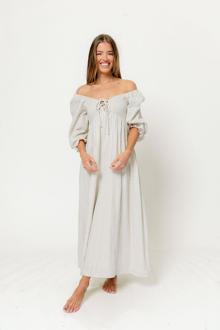 Cecilia 100% Cotton Smocked Maxi Dress in Baby Blue Plaid (Lined) - Bump Friendly