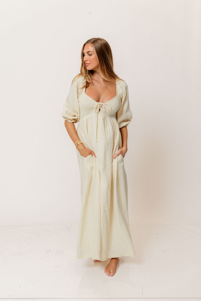 Cecilia 100% Cotton Smocked Maxi Dress in Custard Plaid (Lined) - Bump Friendly