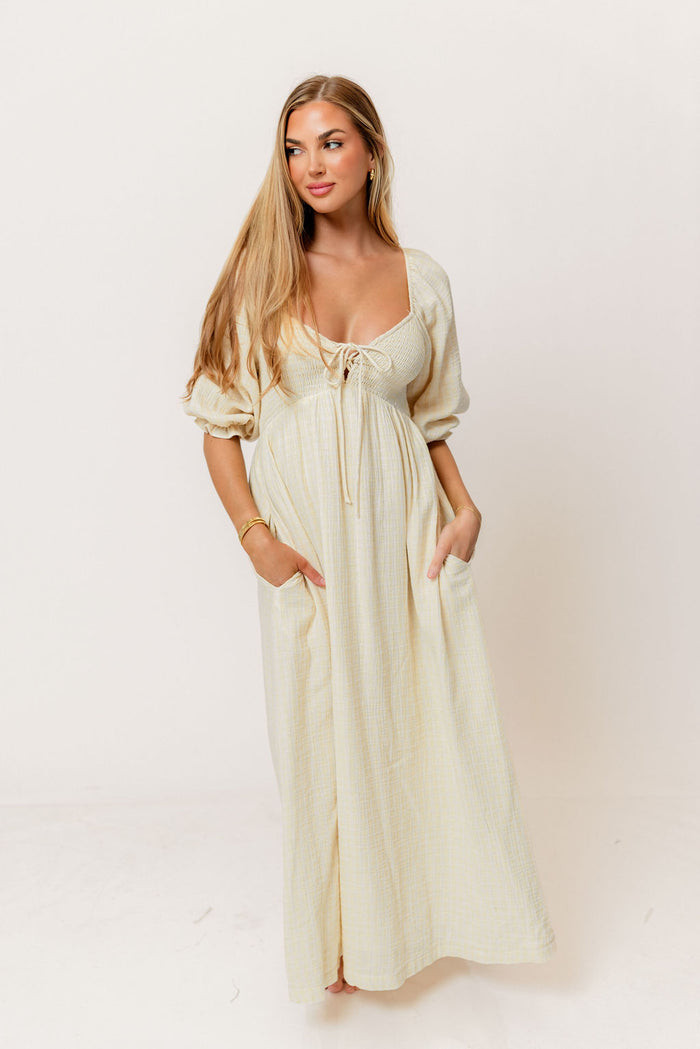 Cecilia 100% Cotton Smocked Maxi Dress in Custard Plaid (Lined) - Bump Friendly