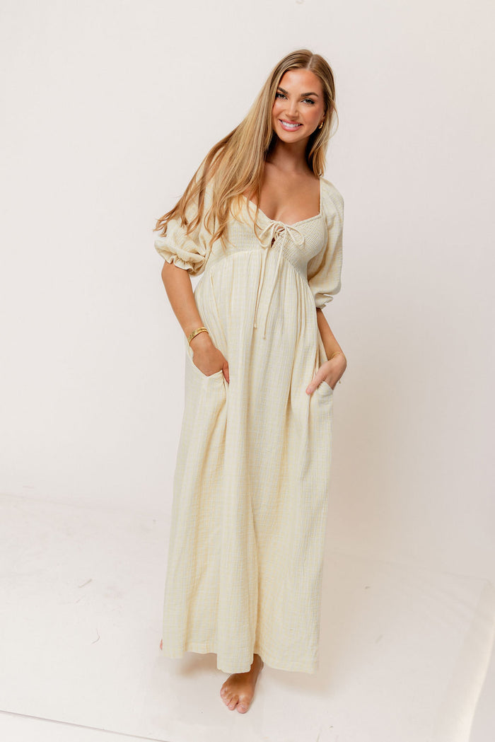Cecilia 100% Cotton Smocked Maxi Dress in Custard Plaid (Lined) - Bump Friendly