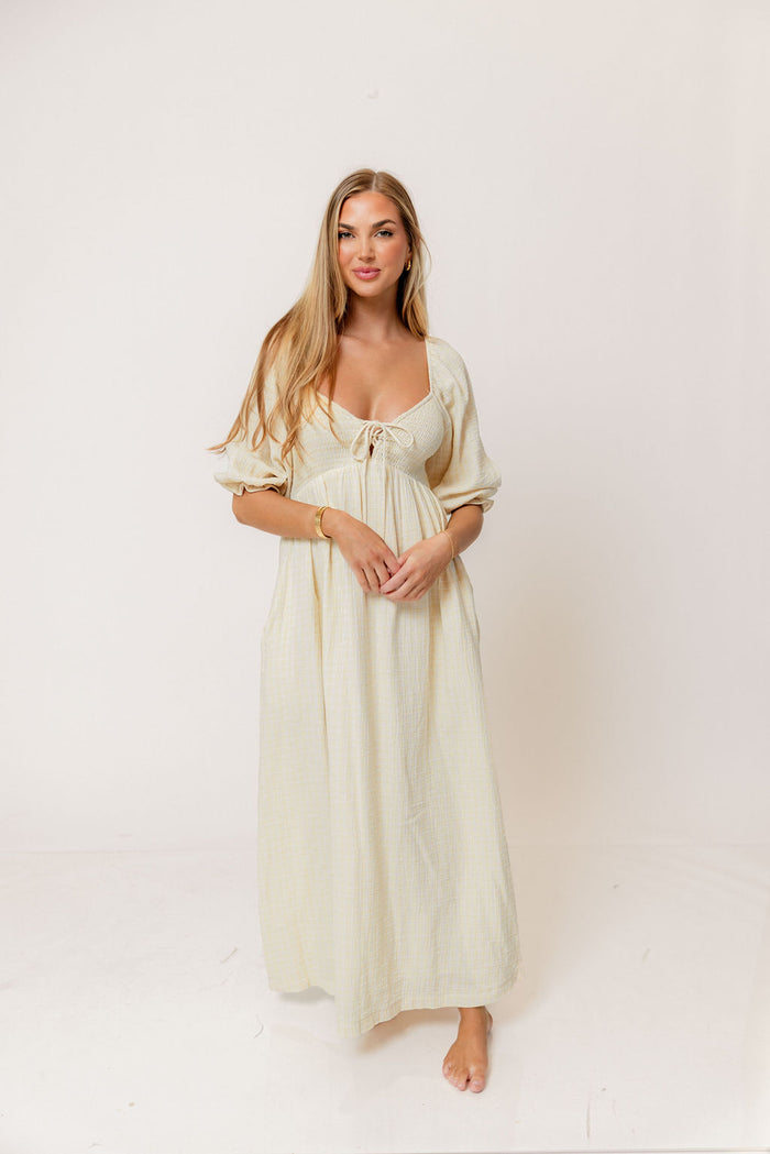 Cecilia 100% Cotton Smocked Maxi Dress in Custard Plaid (Lined) - Bump Friendly