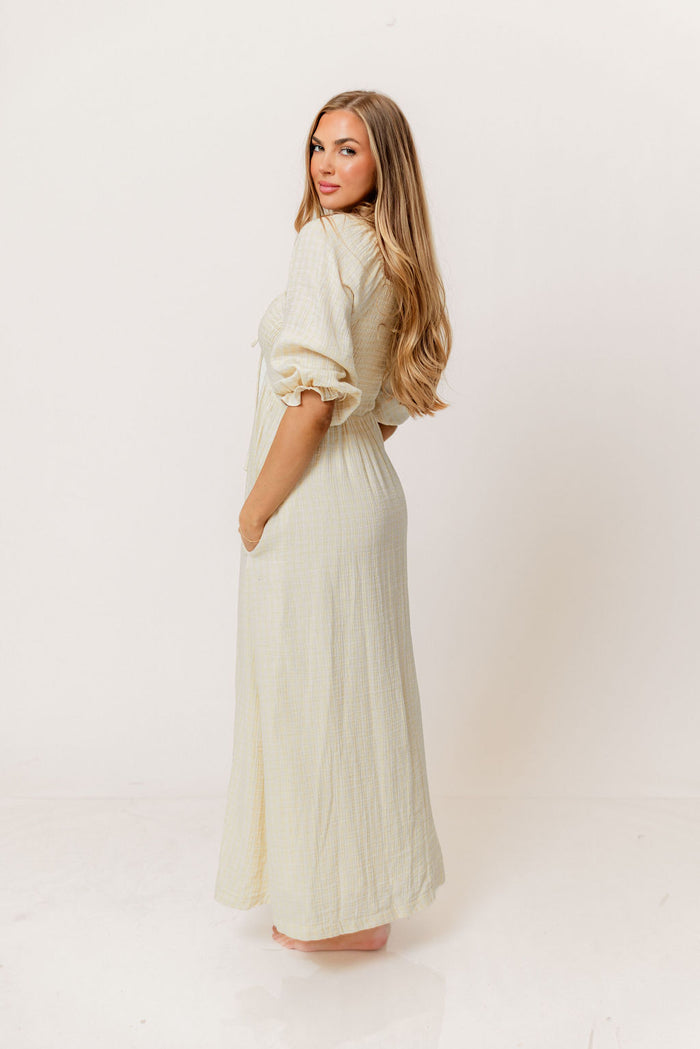 Cecilia 100% Cotton Smocked Maxi Dress in Custard Plaid (Lined) - Bump Friendly