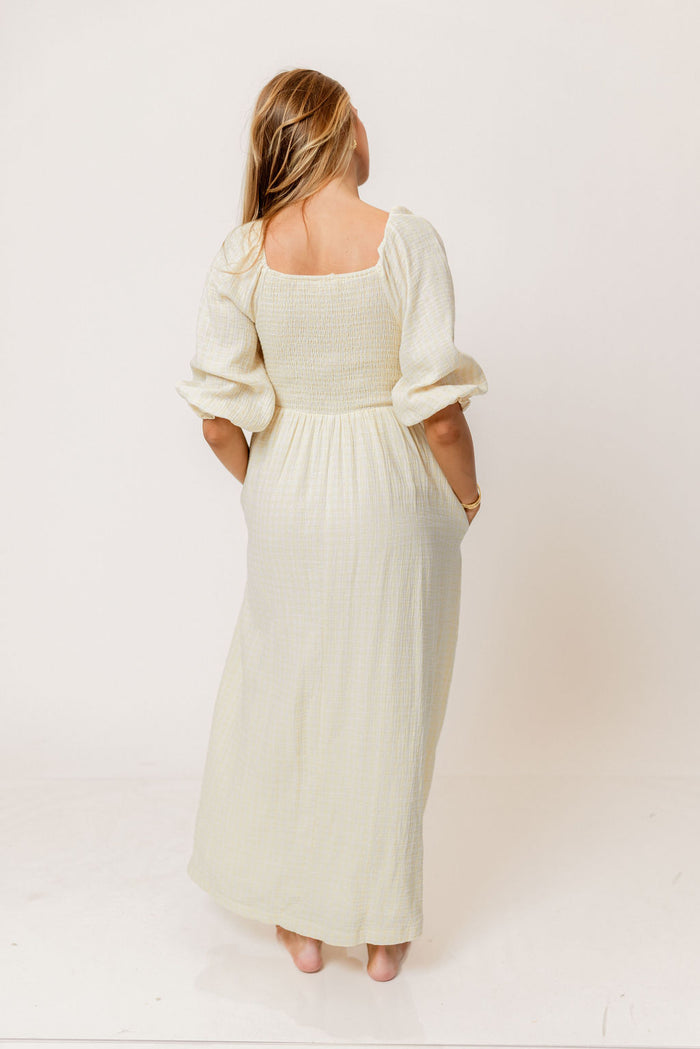Cecilia 100% Cotton Smocked Maxi Dress in Custard Plaid (Lined) - Bump Friendly