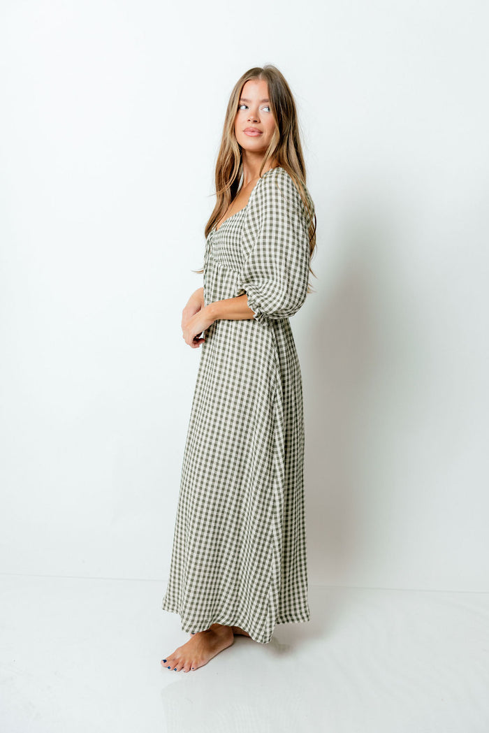 Cecilia 100% Cotton Smocked Maxi Dress in Forest Plaid (Lined) - Bump Friendly