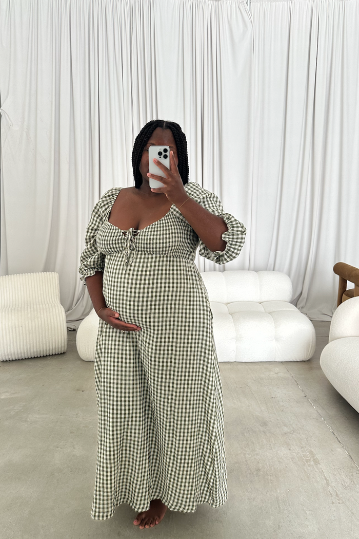 Cecilia 100% Cotton Smocked Maxi Dress in Forest Plaid (Lined) - Bump Friendly