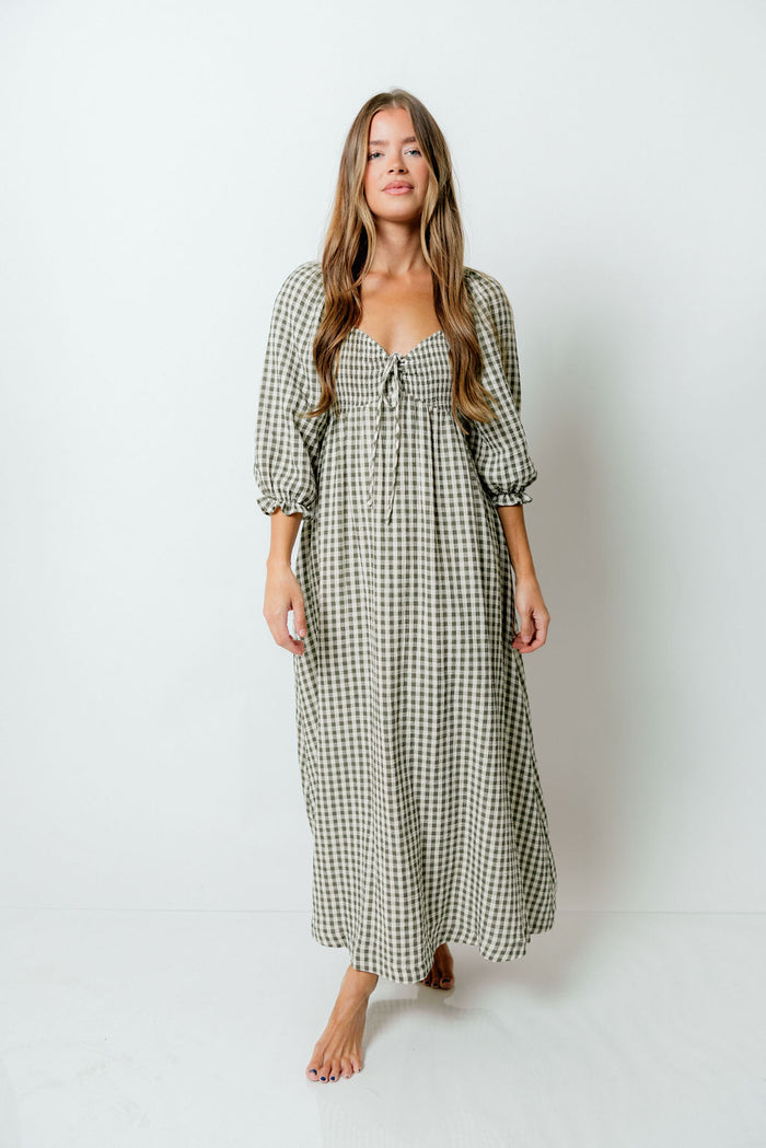 Cecilia 100% Cotton Smocked Maxi Dress in Forest Plaid (Lined) - Bump Friendly