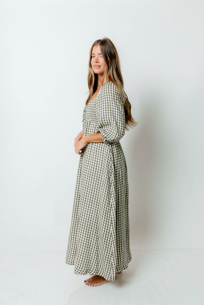 Cecilia 100% Cotton Smocked Maxi Dress in Forest Plaid (Lined) - Bump Friendly