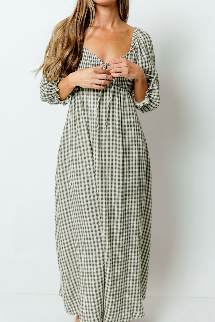 Cecilia 100% Cotton Smocked Maxi Dress in Forest Plaid (Lined) - Bump Friendly