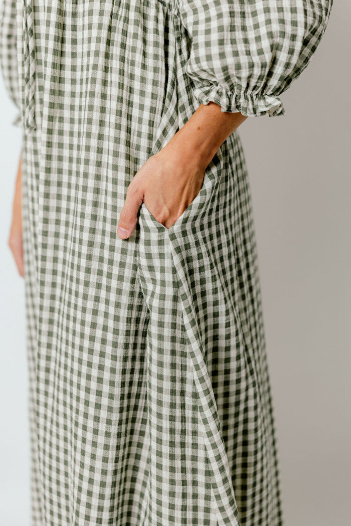 Cecilia 100% Cotton Smocked Maxi Dress in Forest Plaid (Lined) - Bump Friendly