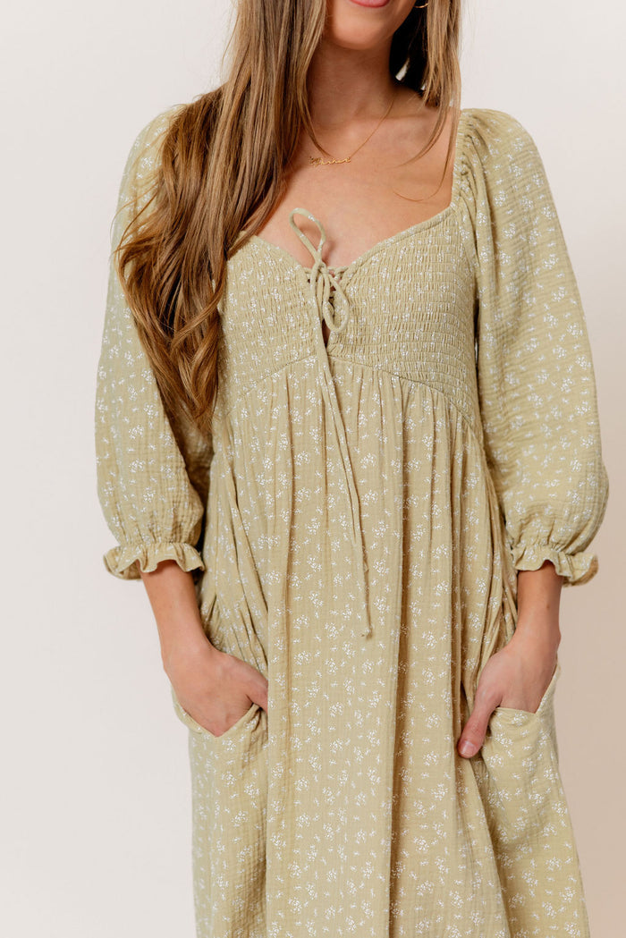 Cecilia 100% Cotton Smocked Maxi Dress in Green Haze Foliage - Bump Friendly