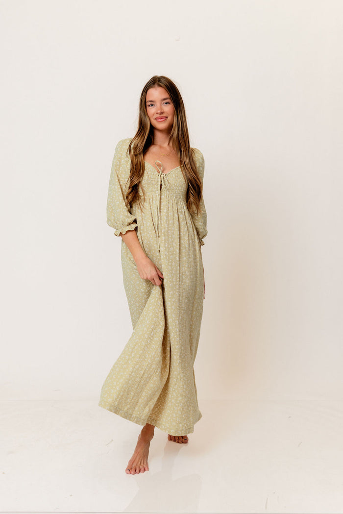 Cecilia 100% Cotton Smocked Maxi Dress in Green Haze Foliage - Bump Friendly