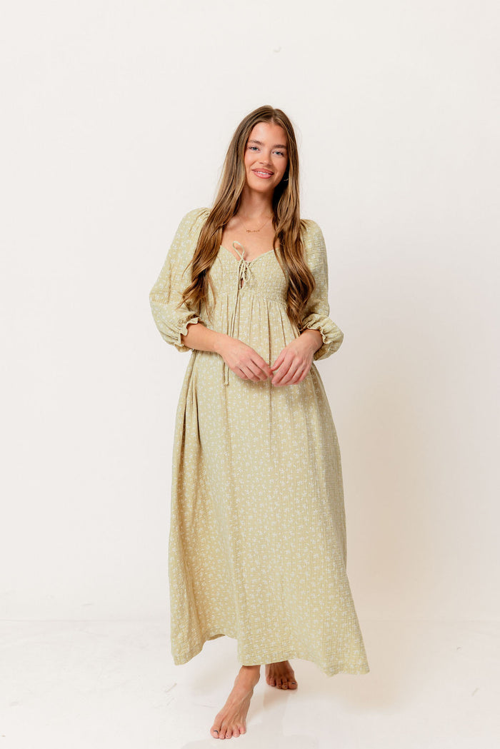 Cecilia 100% Cotton Smocked Maxi Dress in Green Haze Foliage - Bump Friendly