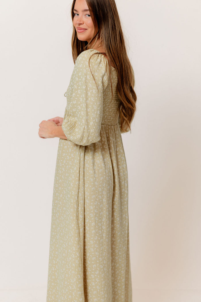 Cecilia 100% Cotton Smocked Maxi Dress in Green Haze Foliage - Bump Friendly