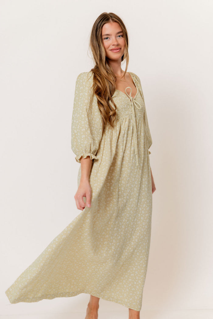 Cecilia 100% Cotton Smocked Maxi Dress in Green Haze Foliage - Bump Friendly