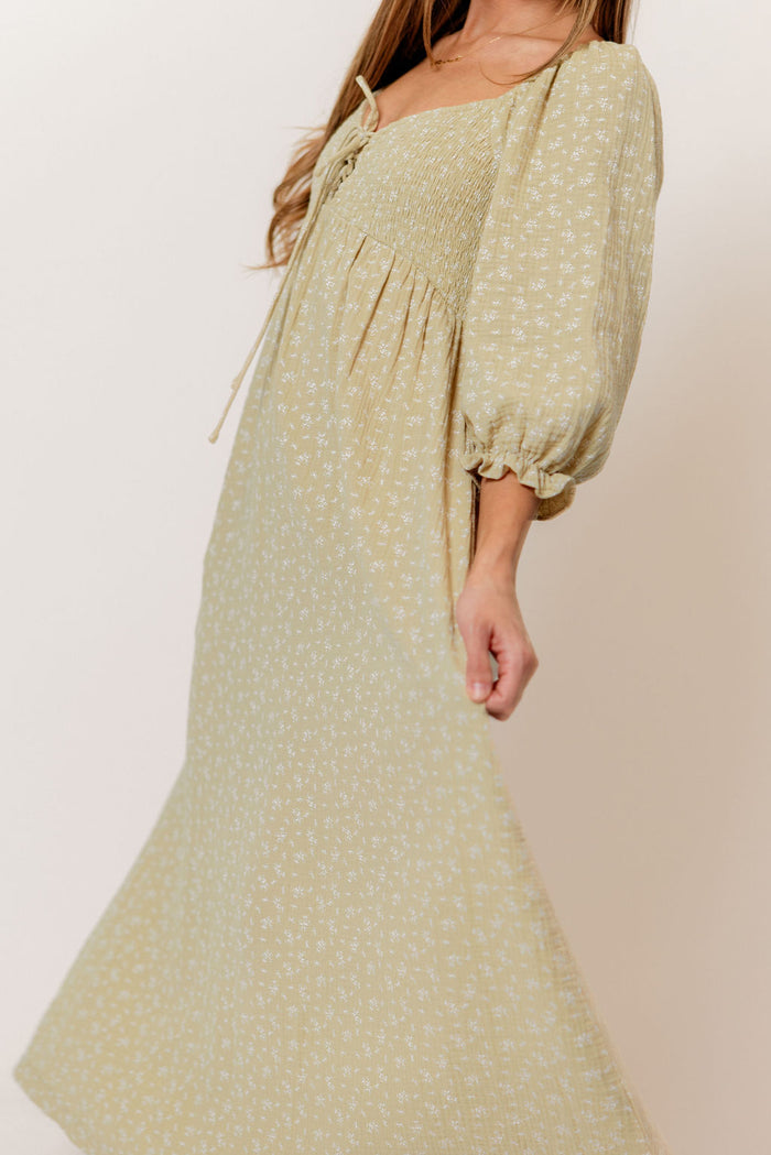 Cecilia 100% Cotton Smocked Maxi Dress in Green Haze Foliage - Bump Friendly