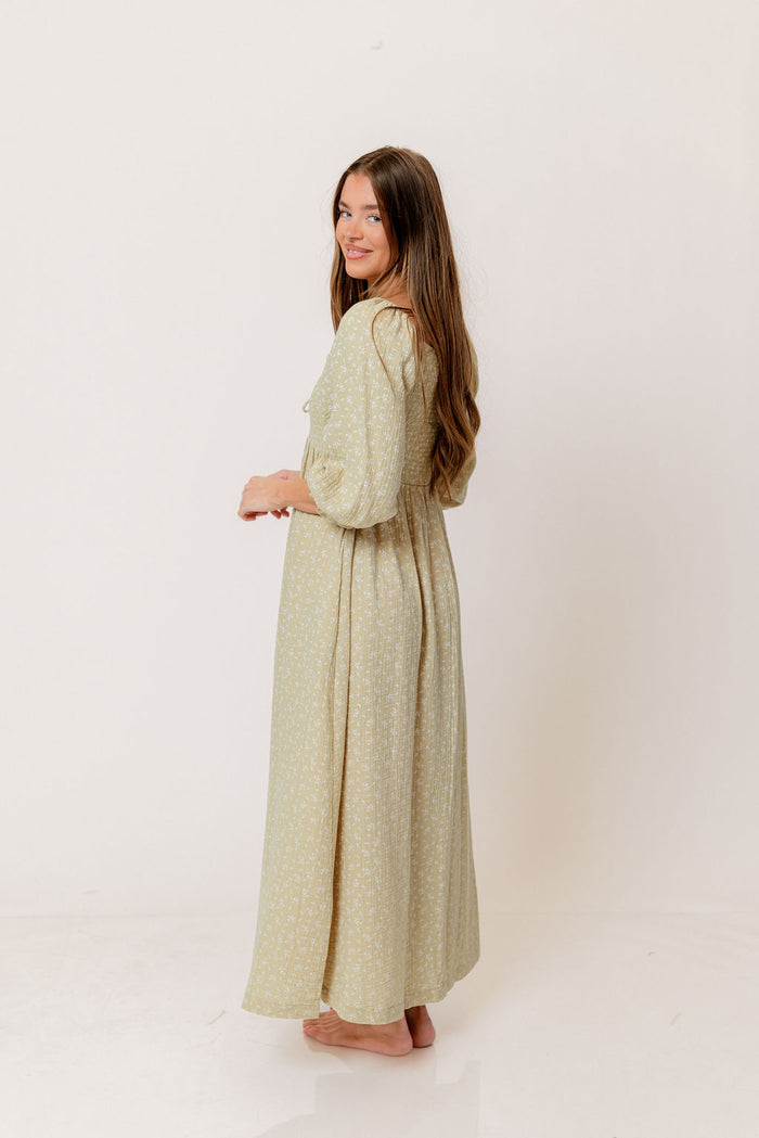 Cecilia 100% Cotton Smocked Maxi Dress in Green Haze Foliage - Bump Friendly