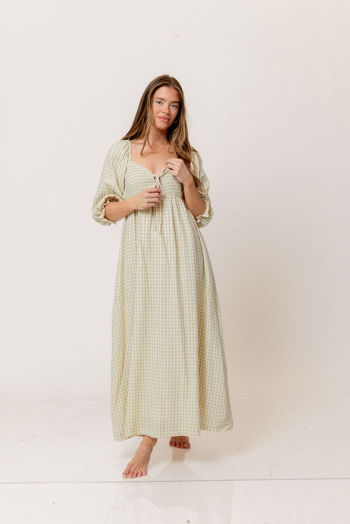 Cecilia 100% Cotton Smocked Maxi Dress in Green Haze Plaid (Lined) - Bump Friendly